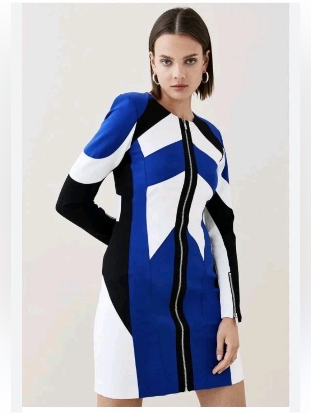 Karen Millen Moto Colorblock Ponte Biker Mini blue white black zipper 12 dress